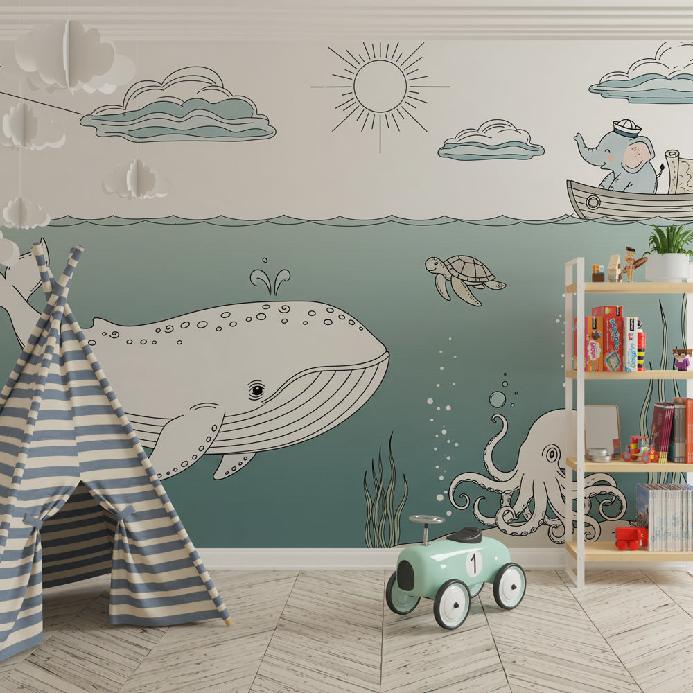 Gentle ocean creatures mural wallpaper for serene baby room atmosphere by Kids-Mundo