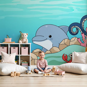 Ocean adventure mural wallpaper with marine animals in modern kids bedroom by Kids-Mundo