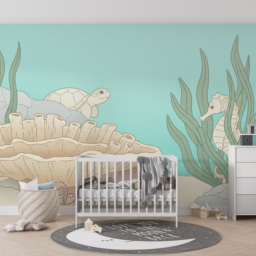 Underwater themed mural wallpaper creating marine sanctuary in children's bedroom
