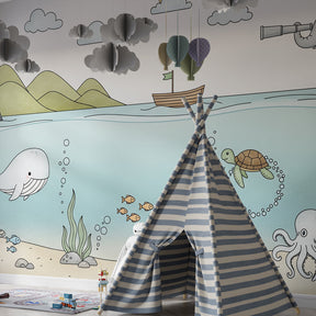 Marine animals wallpaper creating underwater theme in children's bedroom decor