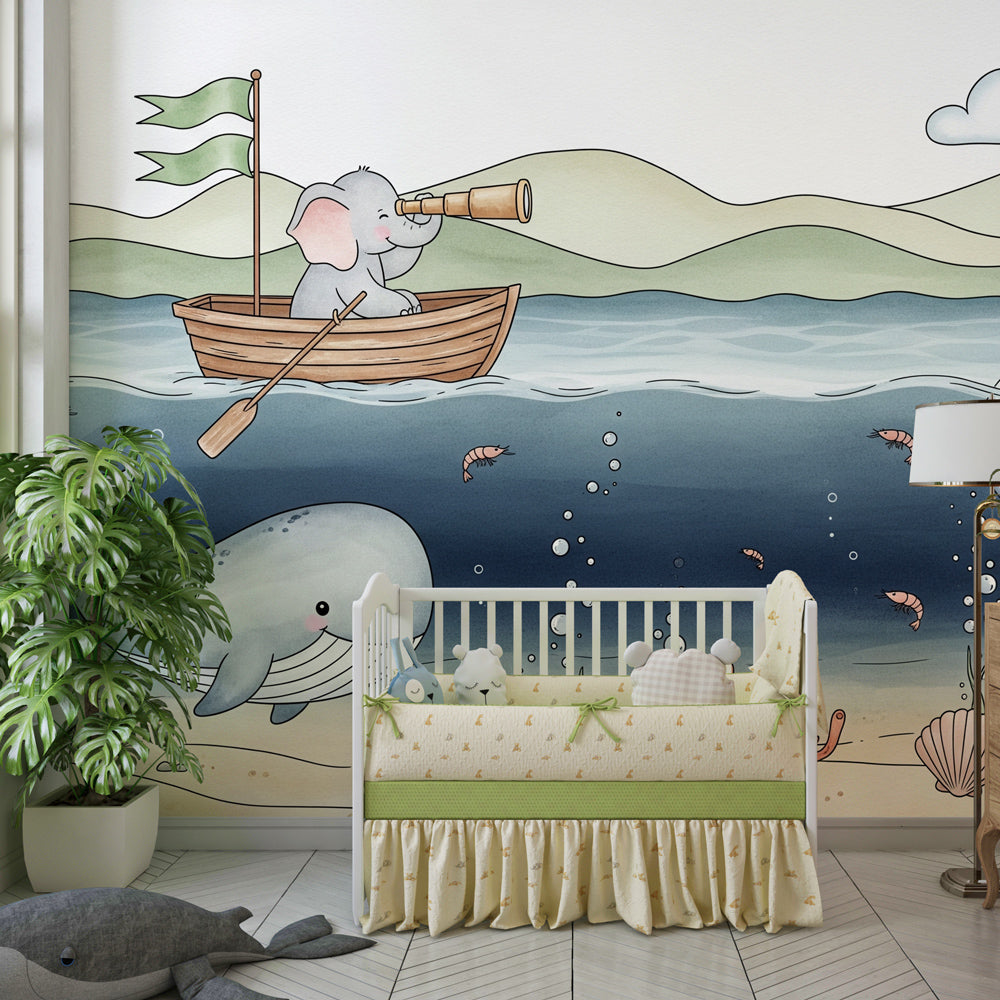 Marine themed mural wallpaper creating underwater adventure in children's bedroom decor