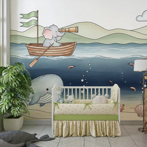 Marine themed mural wallpaper creating underwater adventure in children's bedroom decor