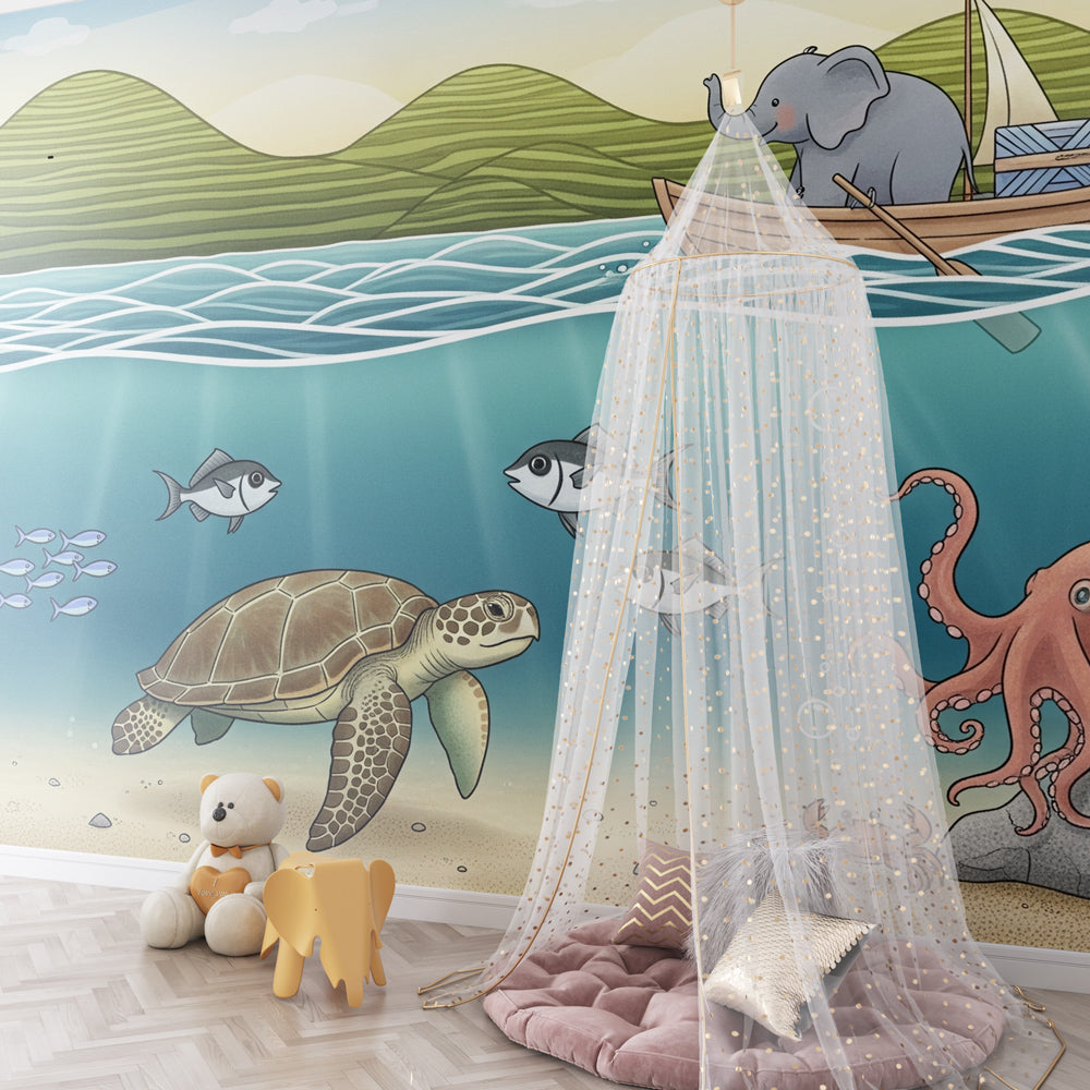 Underwater themed mural wallpaper creating marine paradise in children's bedroom