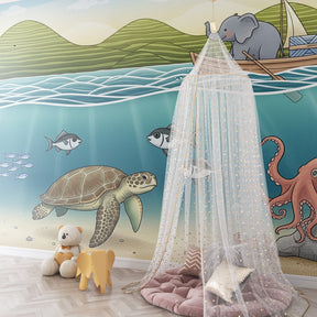 Underwater themed mural wallpaper creating marine paradise in children's bedroom