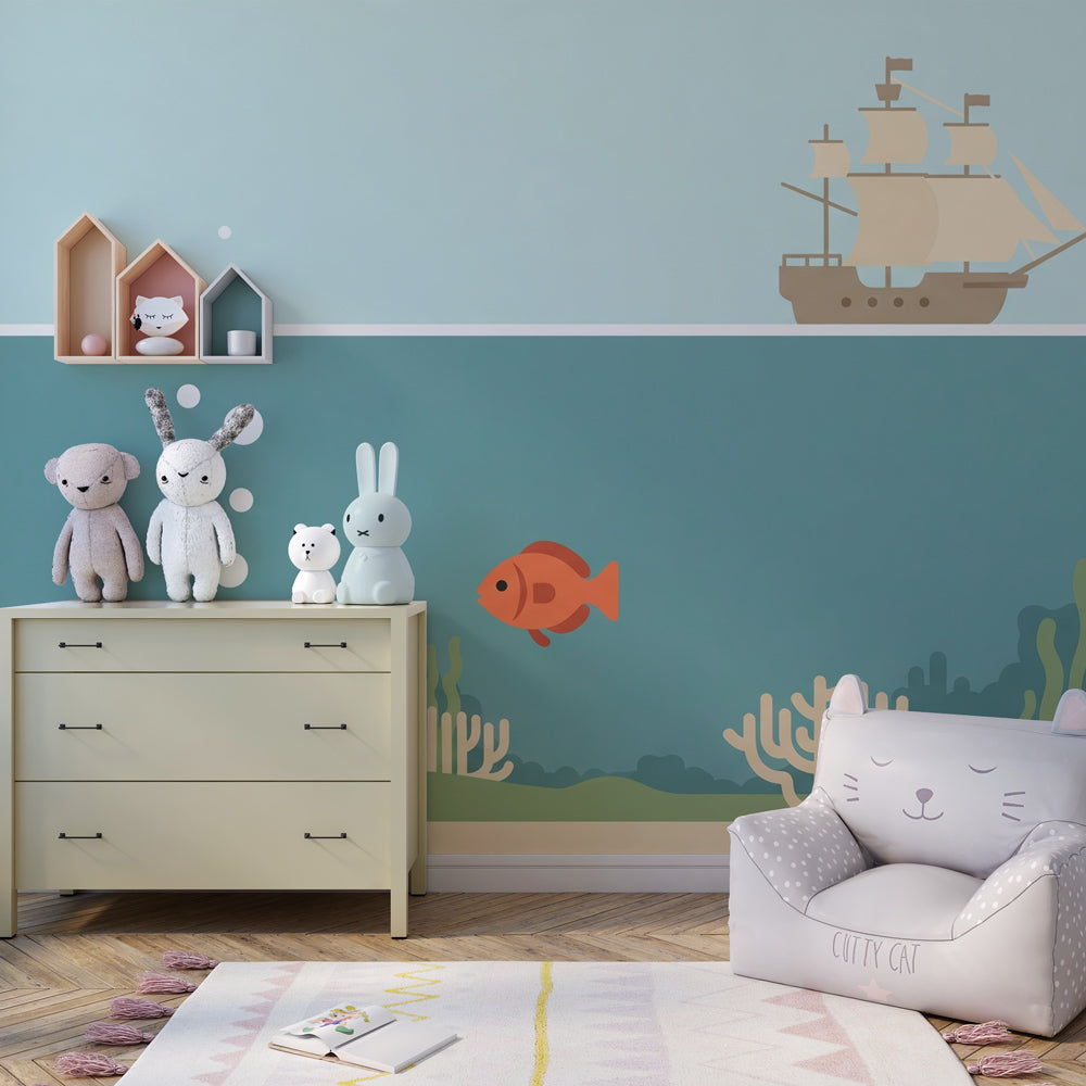 Maritime themed mural wallpaper creating underwater adventure atmosphere in children's bedroom decor