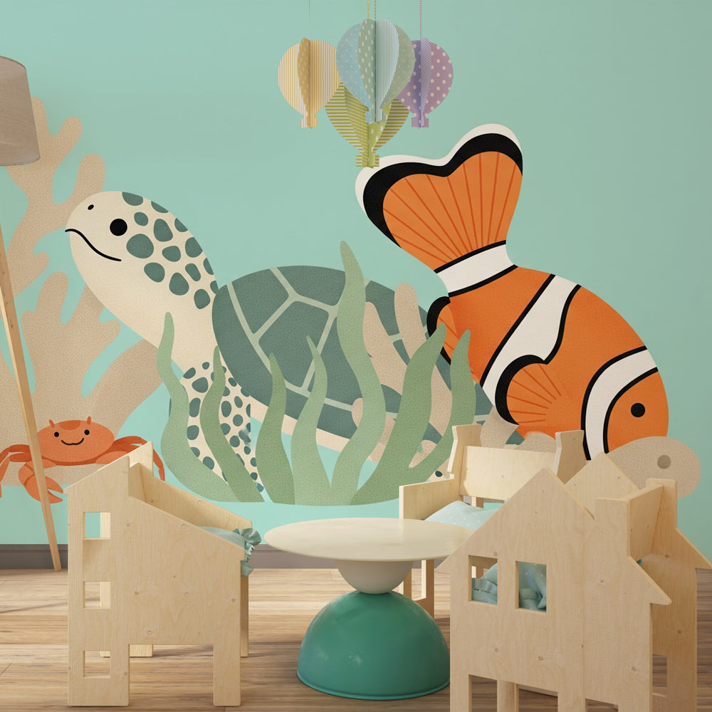 Underwater themed mural wallpaper creating peaceful kids bedroom with marine life design