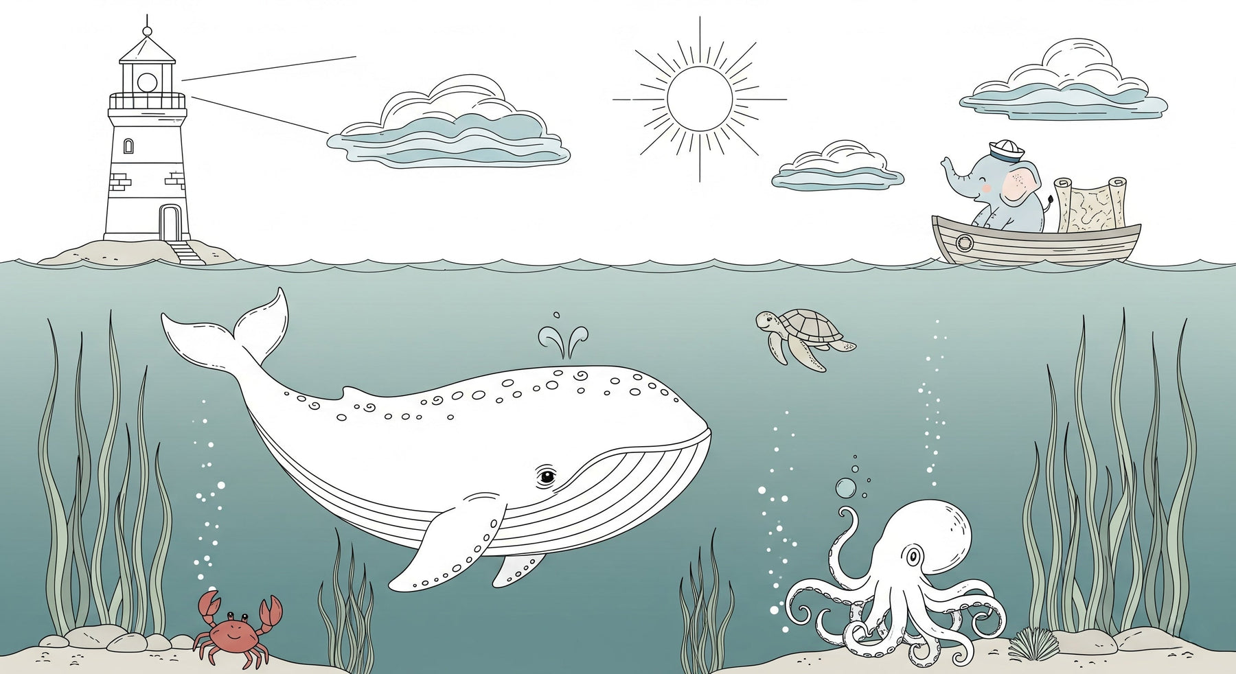 Detailed ocean adventure mural wallpaper design pattern with whale elephant and sea creatures by Kids-Mundo