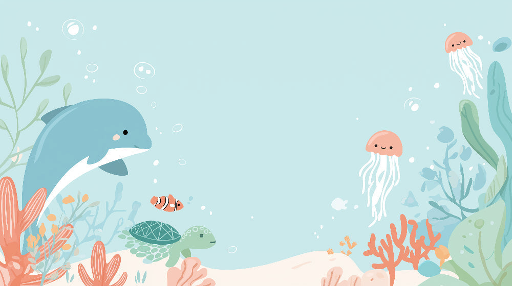 Detailed ocean adventure mural wallpaper design pattern with dolphins and marine creatures by Kids-Mundo