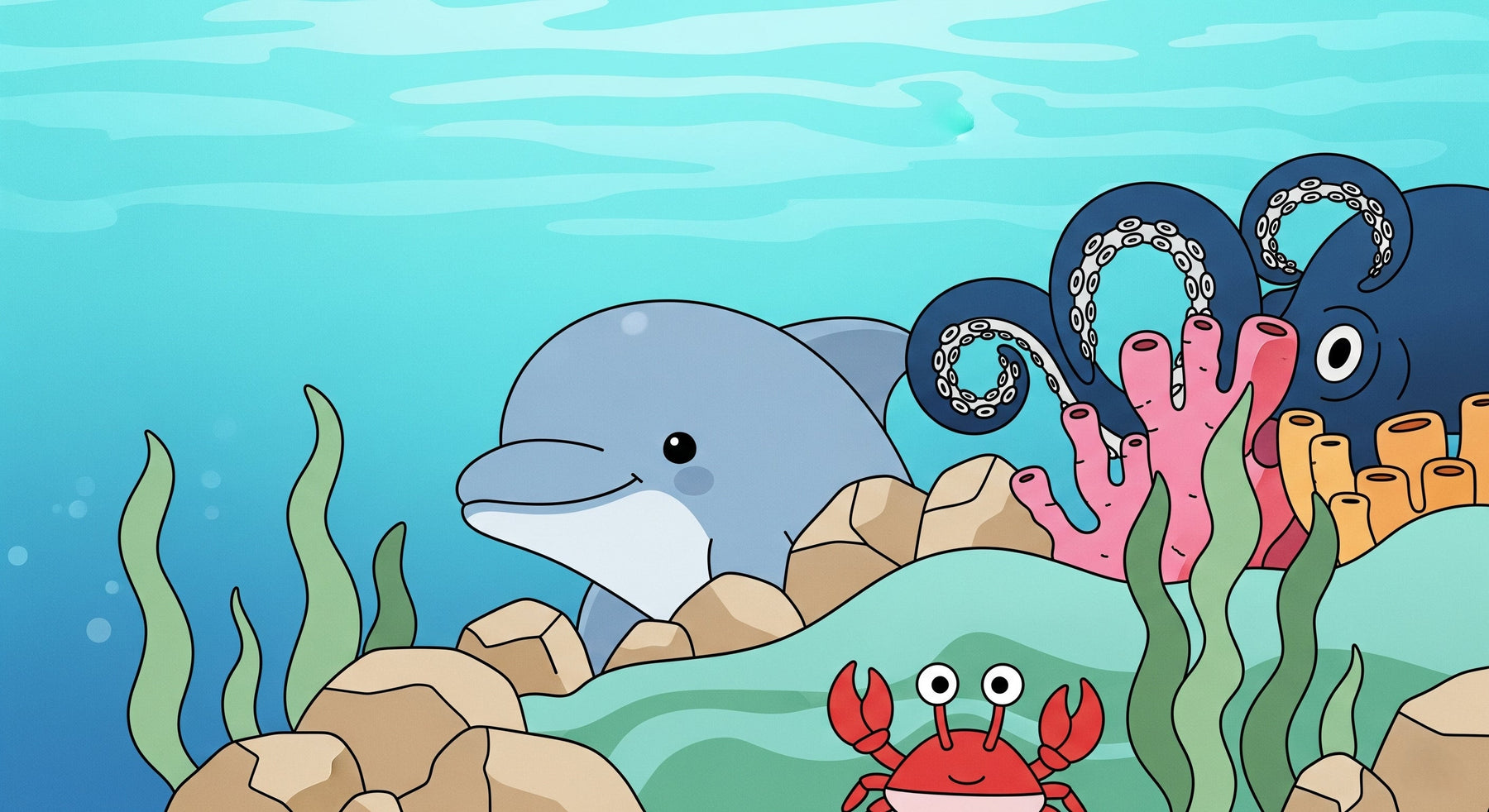 Detailed ocean adventure mural wallpaper design pattern with dolphin, crab and octopus by Kids-Mundo
