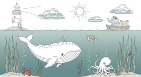 Detailed ocean adventure mural wallpaper design pattern with whale elephant and sea creatures by Kids-Mundo