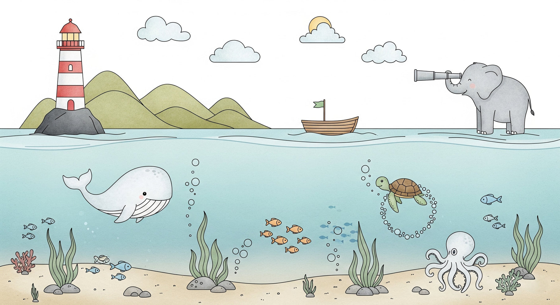 Ocean adventure mural wallpaper design pattern with marine animals by Kids-Mundo