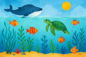 Detailed ocean adventure mural wallpaper design pattern with whale turtle and fish by Kids-Mundo
