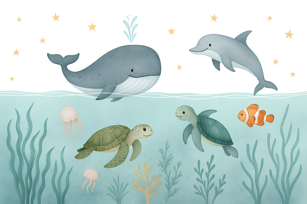 Detailed ocean adventure mural wallpaper design pattern with marine animals by Kids-Mundo
