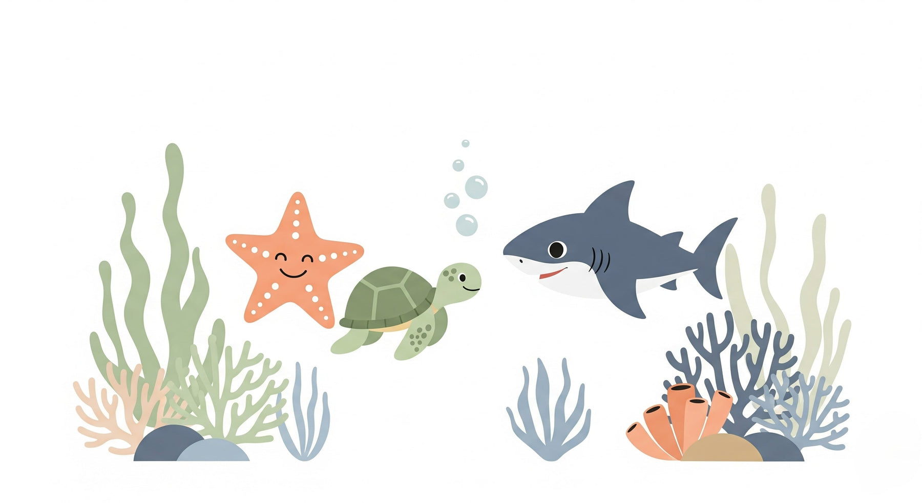 Detailed ocean adventure mural wallpaper design pattern with turtle shark and coral by Kids-Mundo