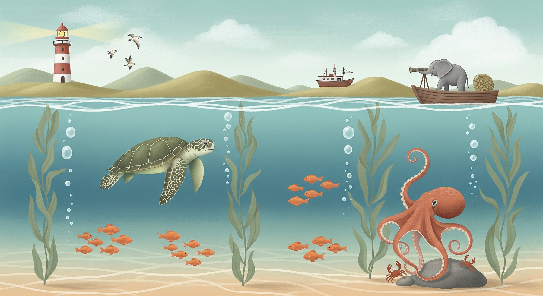 Detailed ocean adventure mural wallpaper design pattern showing underwater sea life and lighthouse by Kids-Mundo