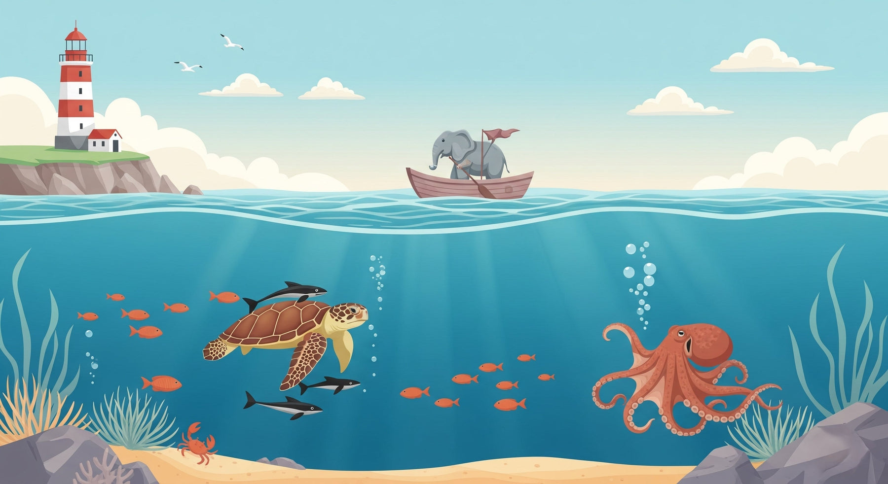 Detailed ocean adventure mural wallpaper design pattern with marine animals by Kids-Mundo