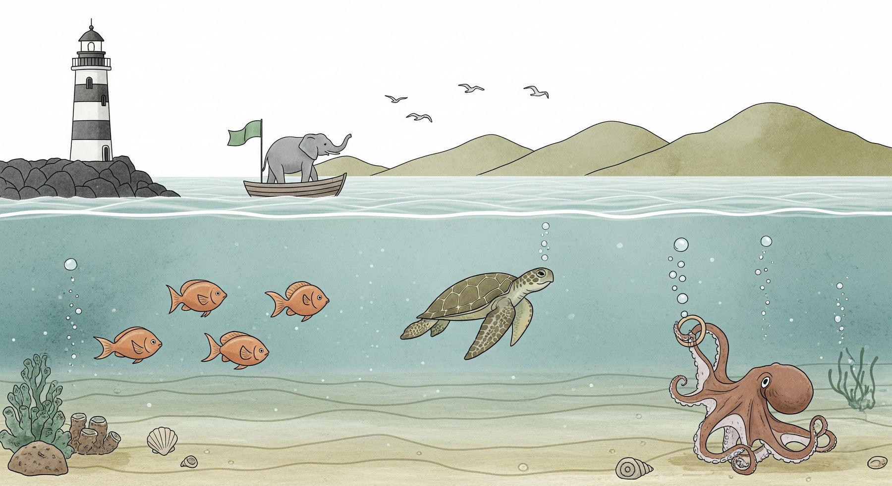 Detailed ocean adventure mural wallpaper design pattern with elephant boat and marine animals by Kids-Mundo