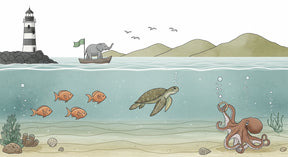 Detailed ocean adventure mural wallpaper design pattern with elephant boat and marine animals by Kids-Mundo