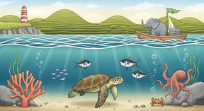 Detailed ocean adventure mural wallpaper design pattern with elephant boat and sea turtle by Kids-Mundo