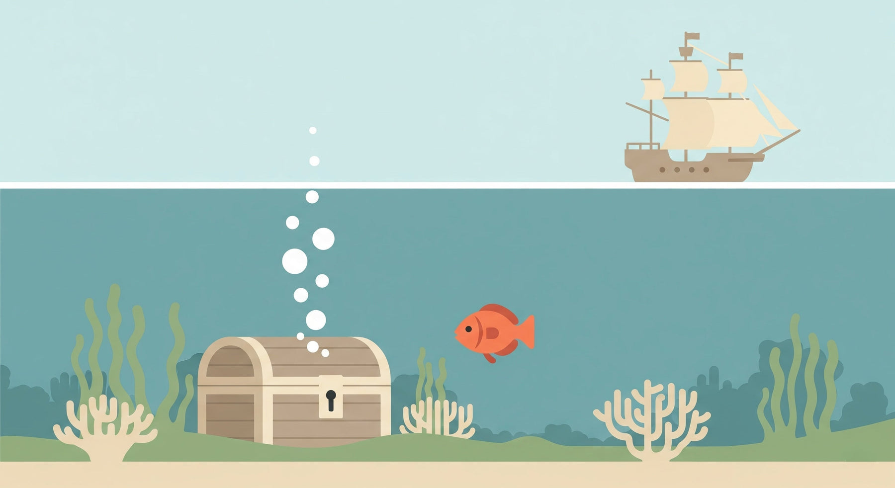 Detailed ocean adventure mural wallpaper design pattern showing underwater treasure and sailing ship by Kids-Mundo