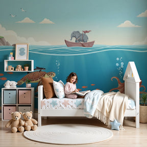 Ocean adventure mural wallpaper in modern nursery with marine animals theme by Kids-Mundo