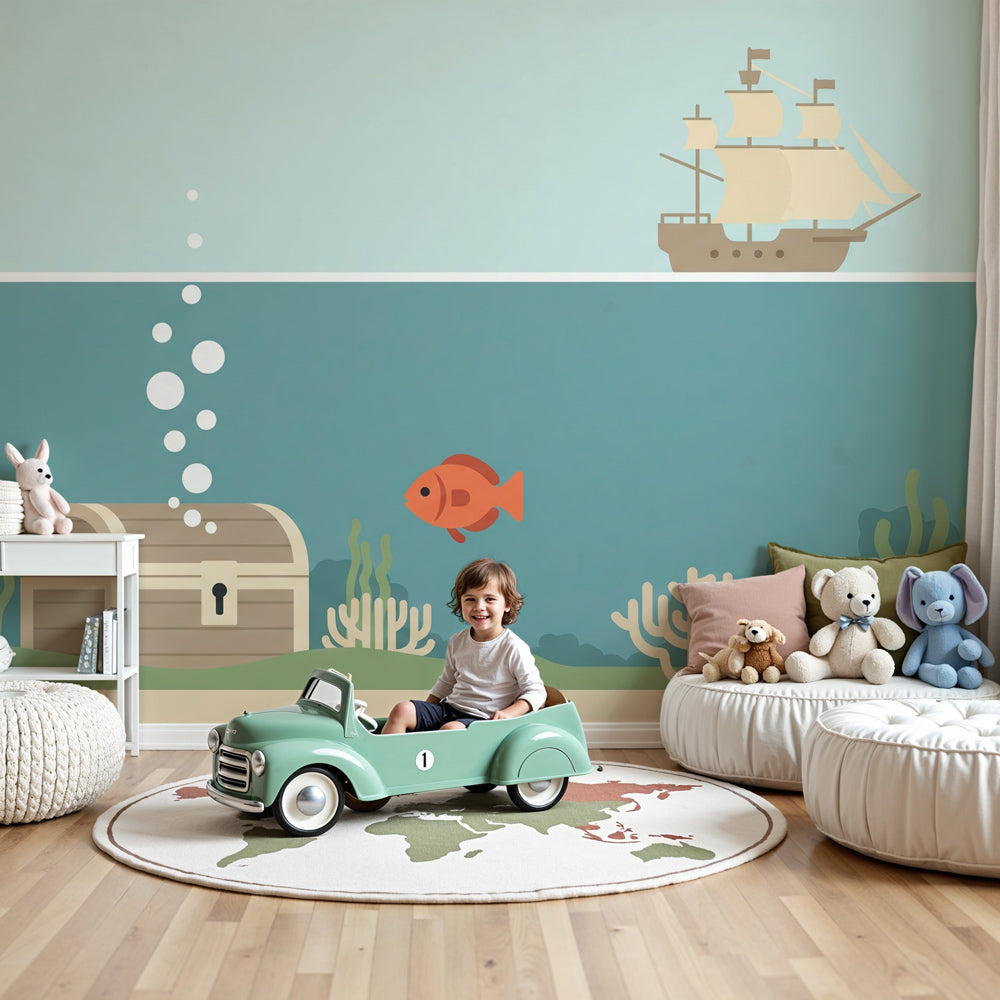 Ocean adventure mural wallpaper with sailing ship and underwater treasure in modern kids nursery by Kids-Mundo