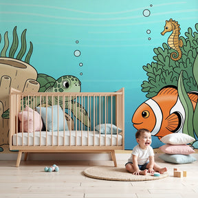 Ocean adventure mural wallpaper with sea turtle and clownfish in modern nursery by Kids-Mundo
