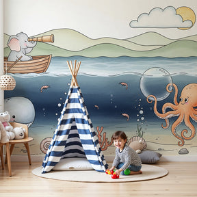 Ocean adventure mural wallpaper with elephant and octopus in modern nursery by Kids-Mundo