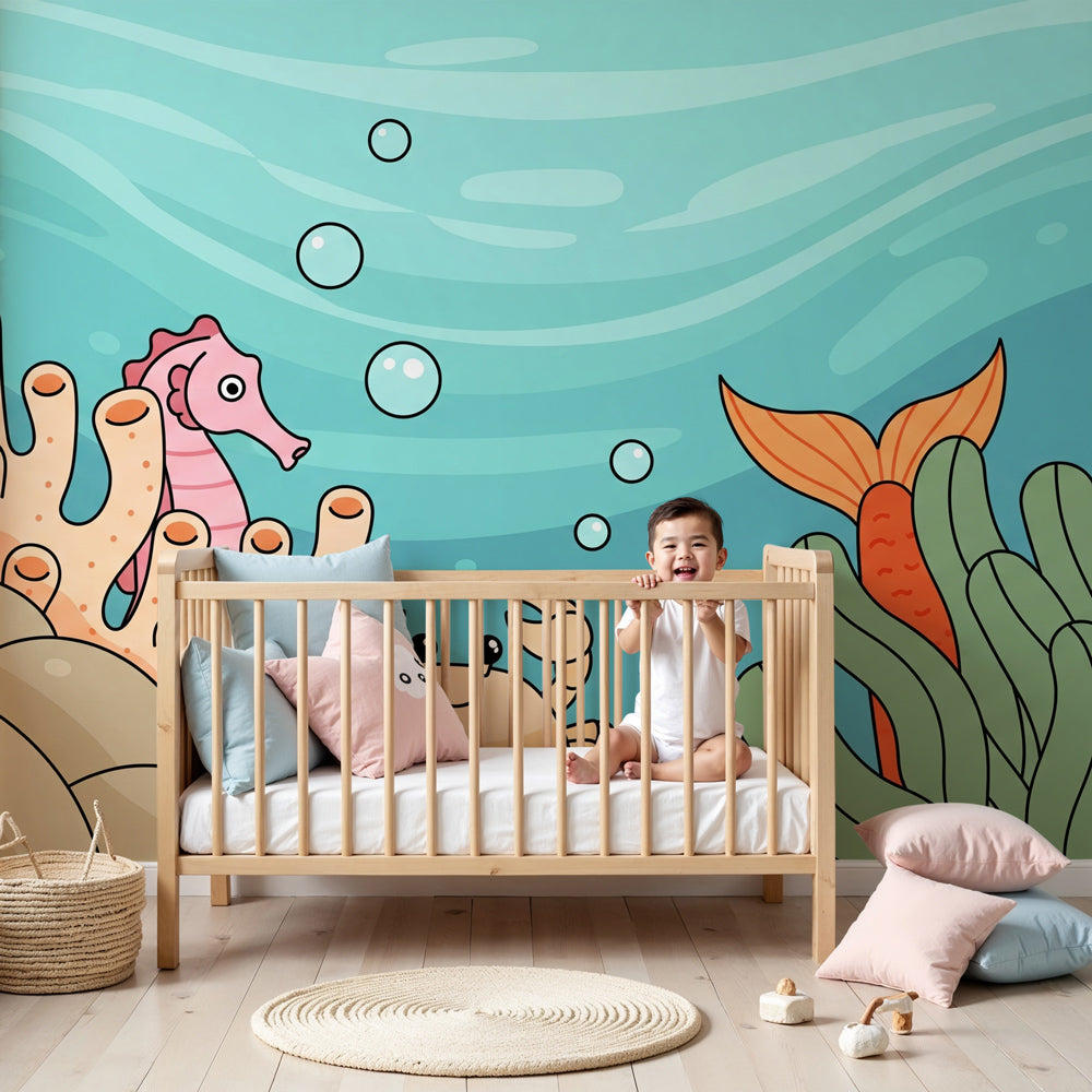 Ocean adventure mural wallpaper with seahorse and crab in modern nursery by Kids-Mundo