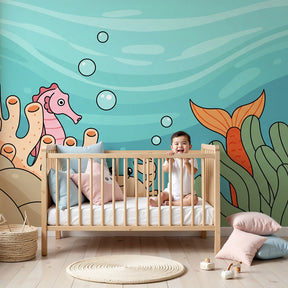 Ocean adventure mural wallpaper with seahorse and crab in modern nursery by Kids-Mundo