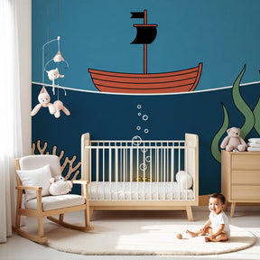 Ocean adventure mural wallpaper with treasure chest in modern kids nursery by Kids-Mundo