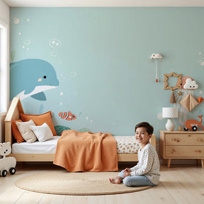 Ocean adventure mural wallpaper with dolphins and sea turtles in bright nursery by Kids-Mundo