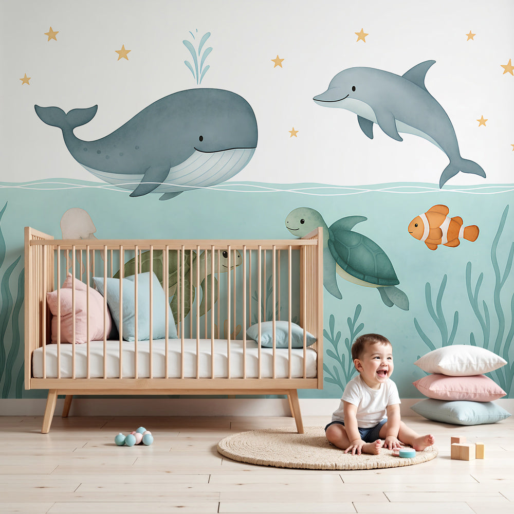 Ocean adventure mural wallpaper with whales and turtles in modern nursery by Kids-Mundo