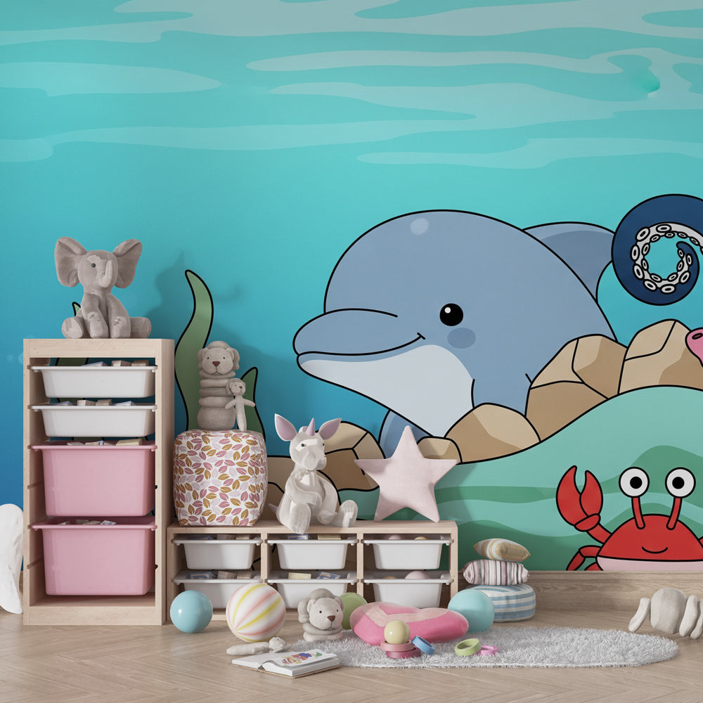 Underwater marine animals wallpaper creating magical nursery decor with dolphins and coral