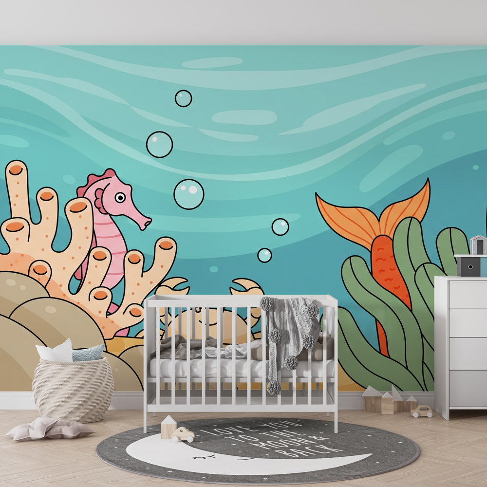 Seahorse and crab mural wallpaper transforming kids playroom into ocean sanctuary