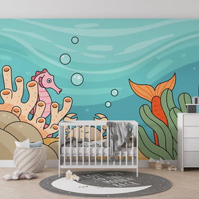 Seahorse and crab mural wallpaper transforming kids playroom into ocean sanctuary
