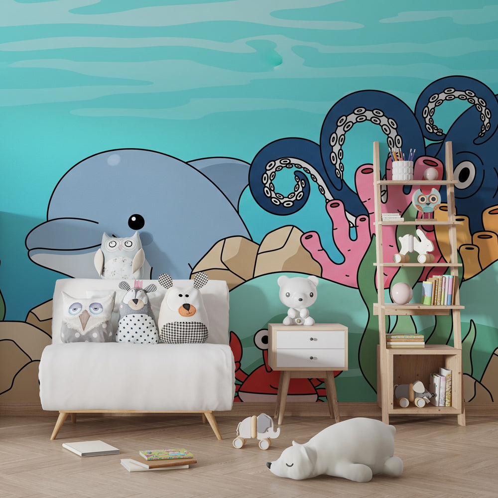 Ocean themed mural wallpaper transforming children's playroom into underwater adventure space