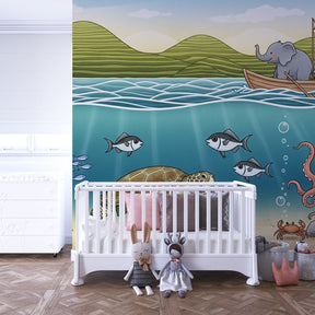 Marine adventure wallpaper with lighthouse and coral reef in kids playroom setting