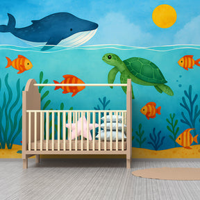 Marine life mural wallpaper featuring colorful fish and sea creatures in kids playroom