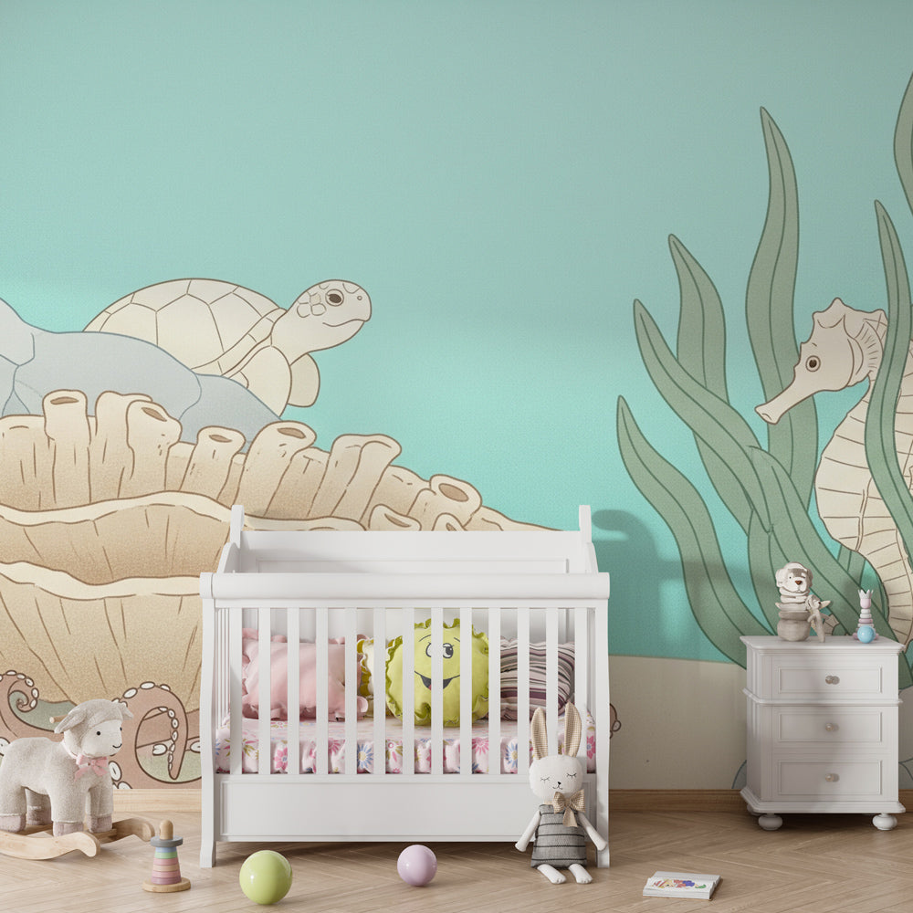 Sea life mural wallpaper featuring seahorse and marine creatures in kids playroom