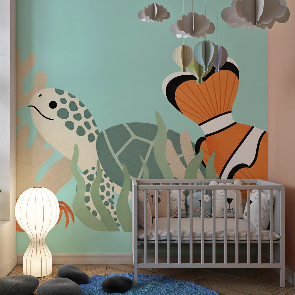 Sea life mural wallpaper transforming children's playroom with turtle and coral reef scene