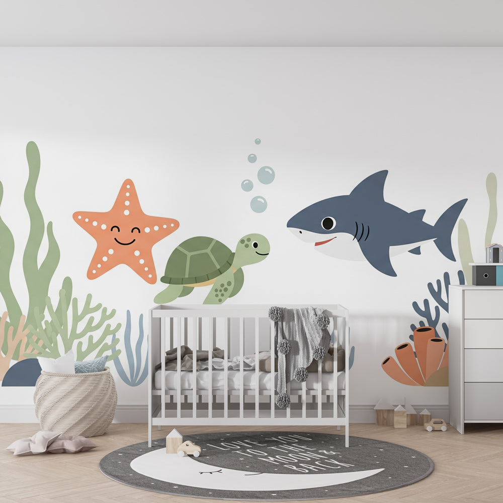 Marine life mural wallpaper featuring friendly sea creatures in colorful kids playroom setting