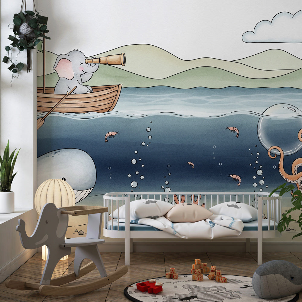 Elephant and whale ocean wallpaper transforming kids playroom into marine wonderland