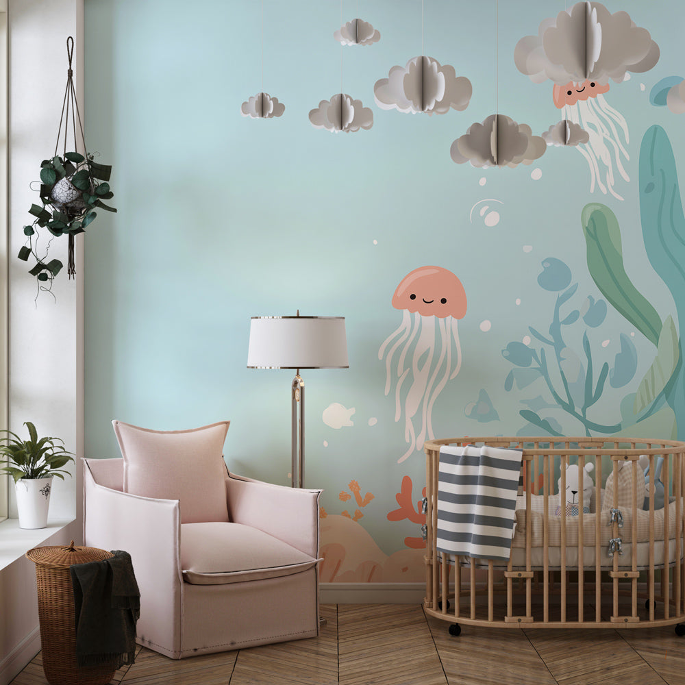 Dolphin and sea turtle mural wallpaper transforming children's playroom into ocean paradise