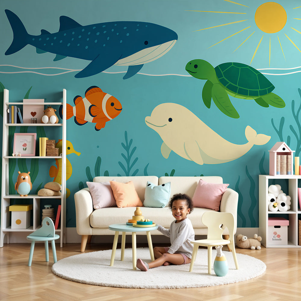 Ocean animals mural wallpaper with whale shark and dolphins in modern kids bedroom by Kids-Mundo