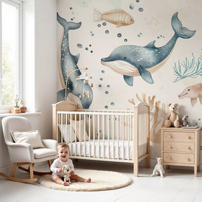 Ocean animals mural wallpaper with whales and dolphins in modern kids bedroom by Kids-Mundo