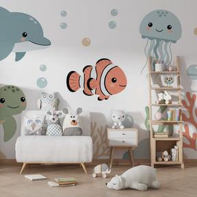 Underwater adventure wallpaper with dolphins and sea turtles in modern kids bedroom decor
