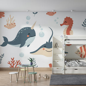 Underwater themed wallpaper creating magical kids bedroom decor with sea animals