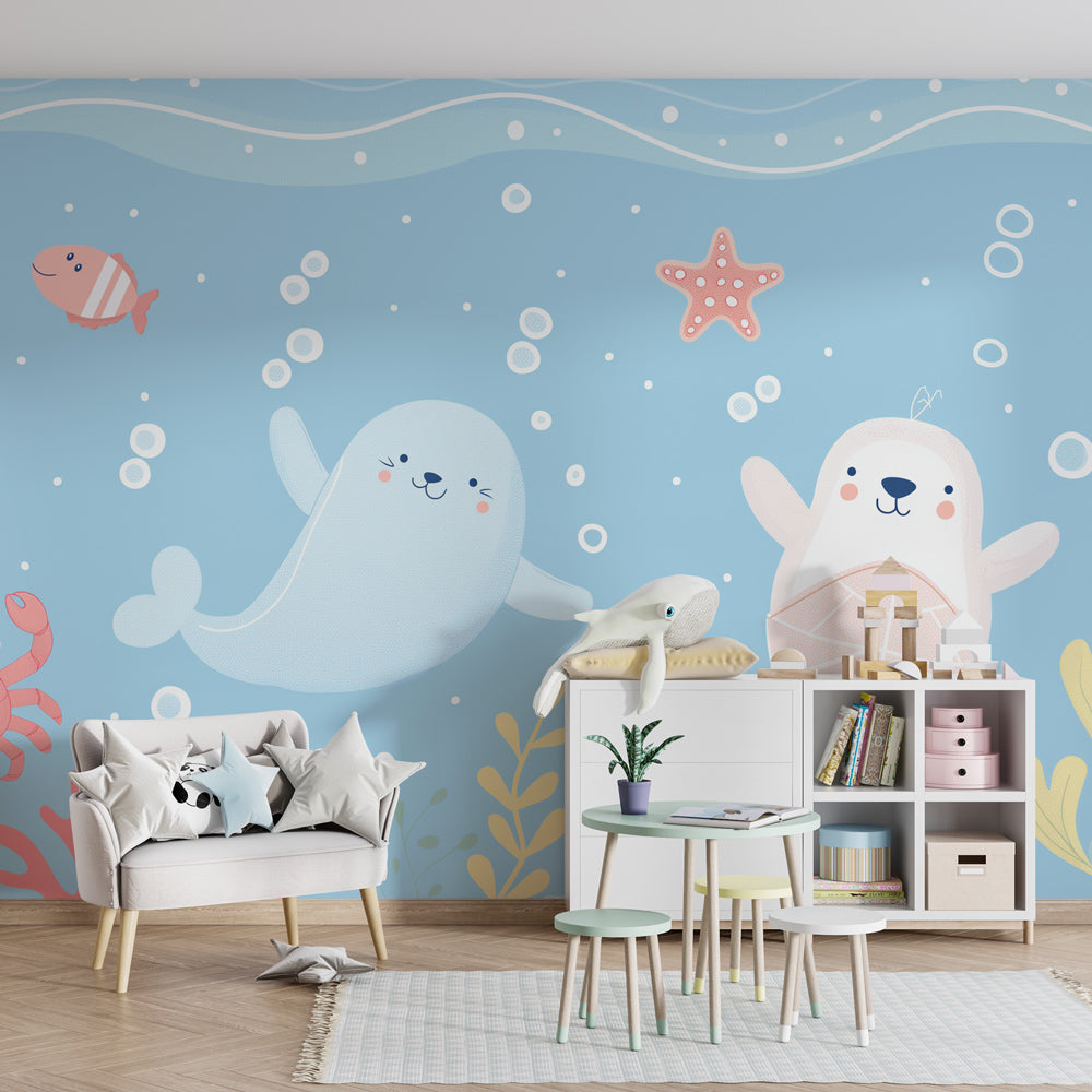 Marine life wallpaper creating underwater themed kids bedroom with coral and fish decor