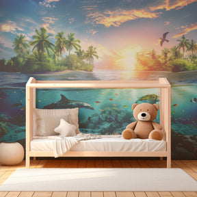 Tropical islands ocean wallpaper creating magical underwater theme in children's bedroom